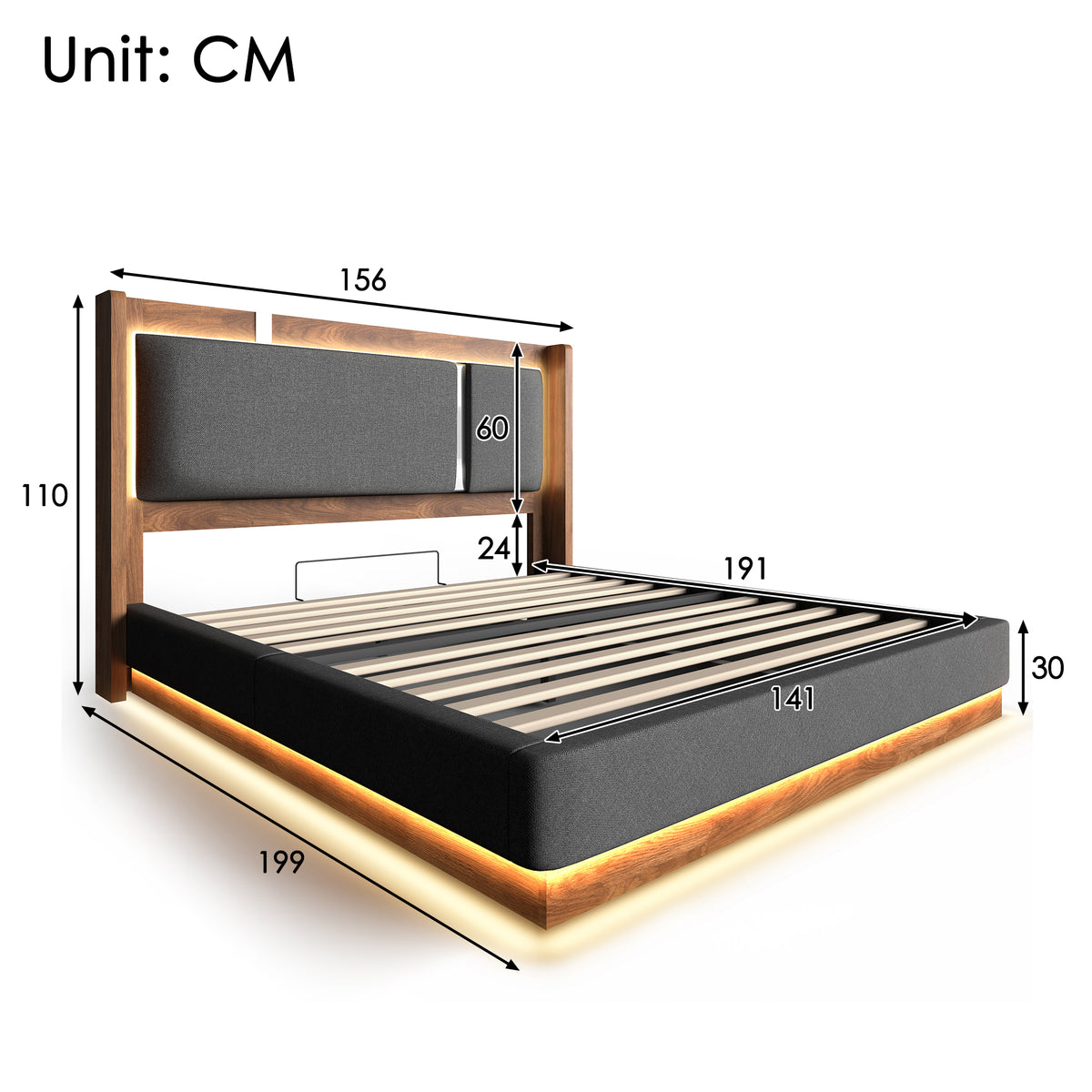 Double Upholstered Bed 140x190 with Storage & LED, Linen Grey & Walnut