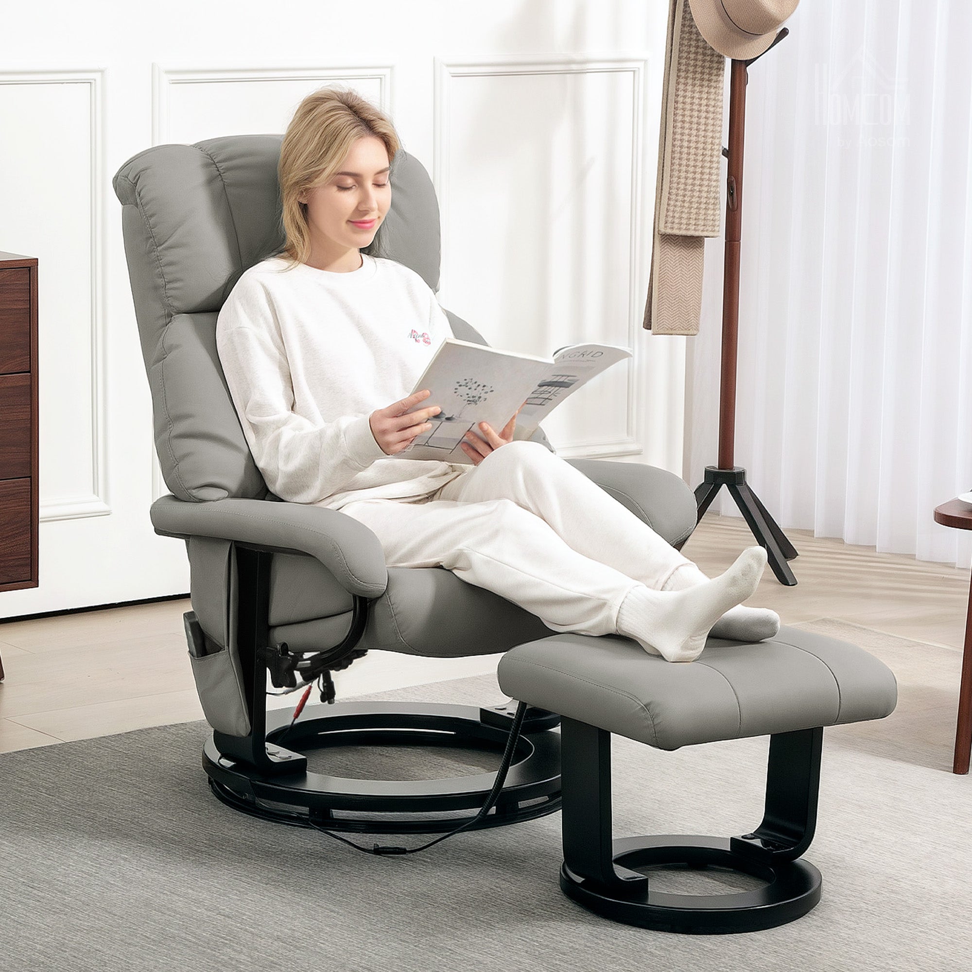Reclining Armchair with Footstool, Electric Massage Function, Remote Control, Faux Leather Grey