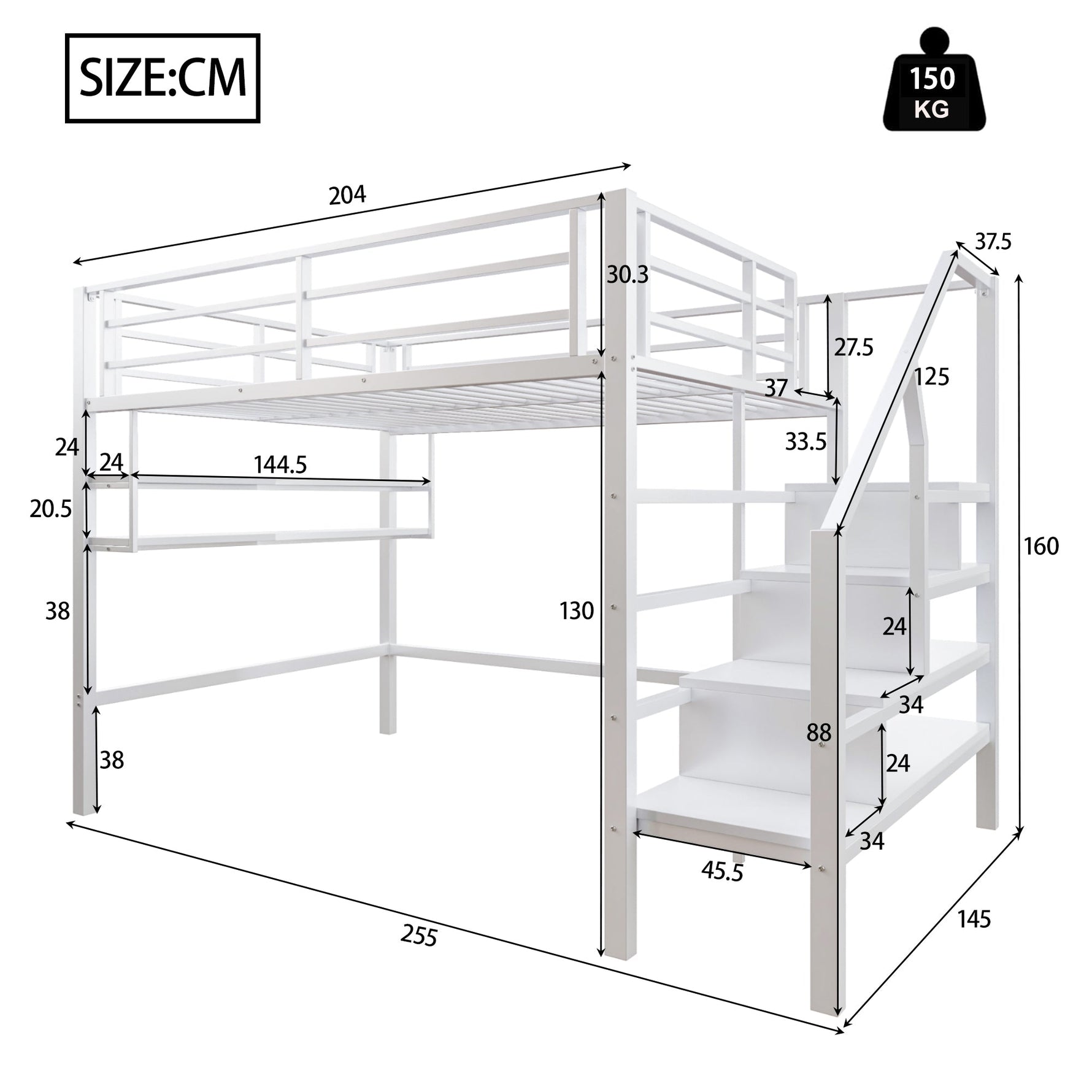 Loft Bed with Storage Ladder and Shelves, 140x200cm, White