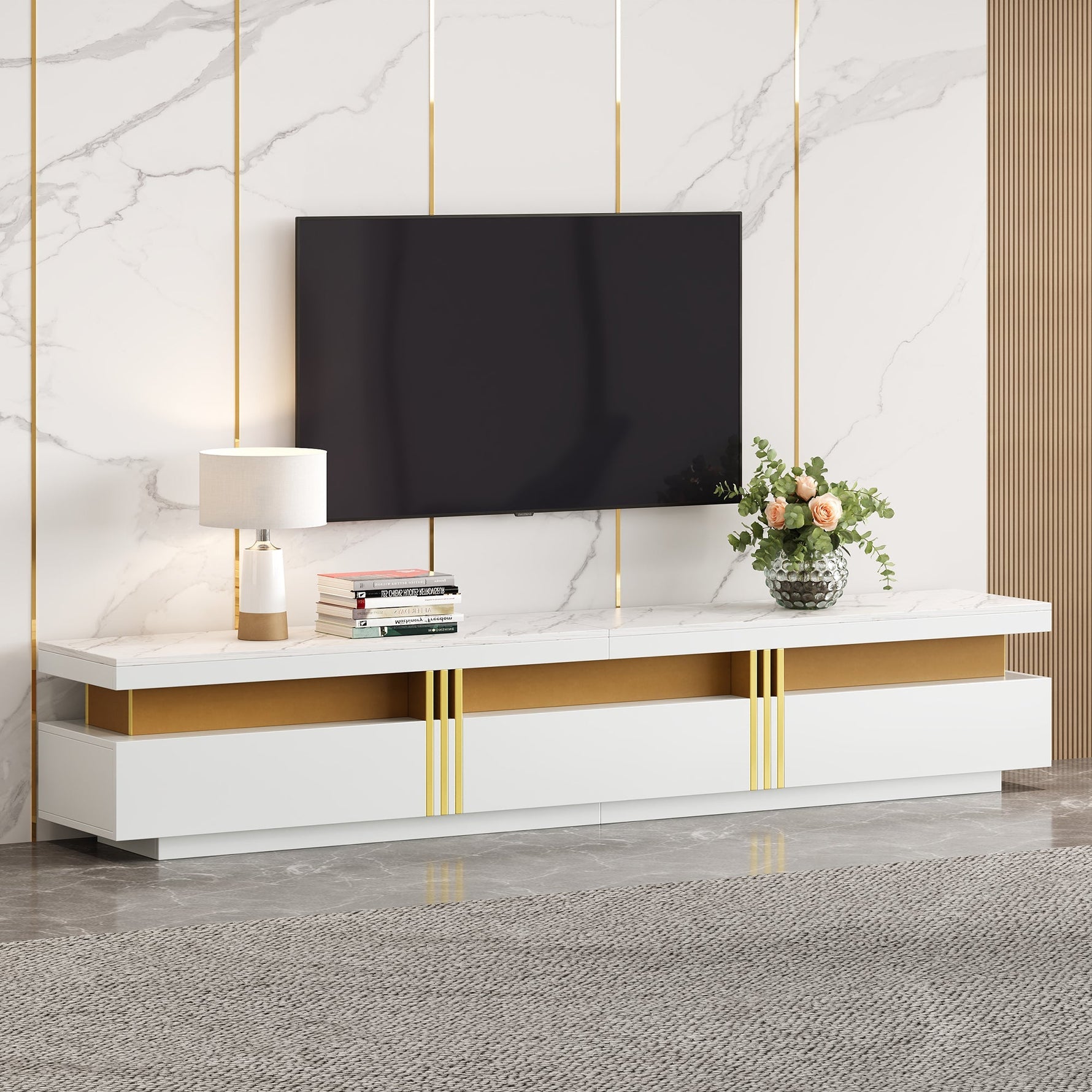 Lowboard TV Cabinet Modern 200cm 3 Drawers Cable Management - Marble Look