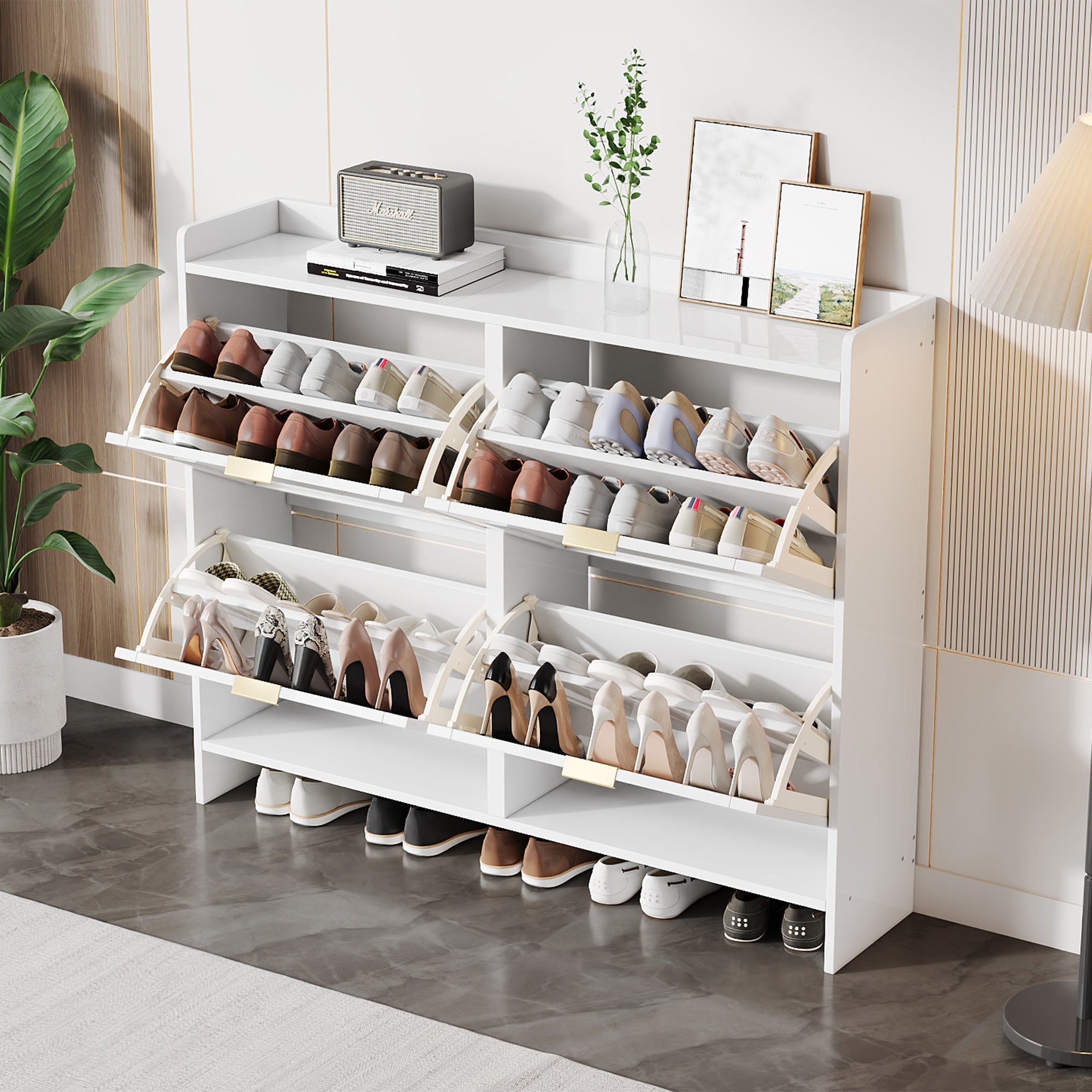 Shoe Cabinet 4 Drop-Down Compartments Open Shelves Entryway/Hallway, White