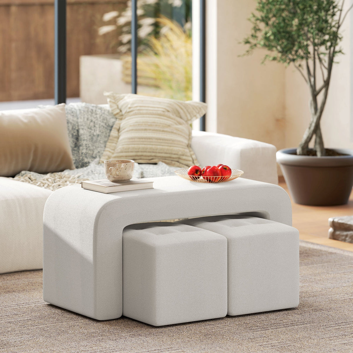 Footstool Set, 3-Piece Ottoman Seat, Upholstered, Elegant White