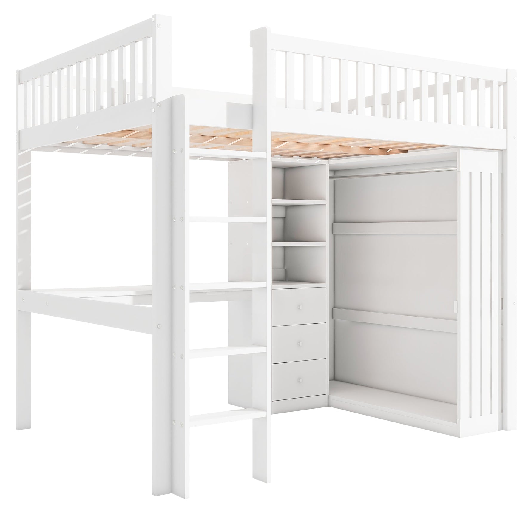 Loft Bed 140x200cm Desk Wardrobe 3 Drawers Storage Stairs - White