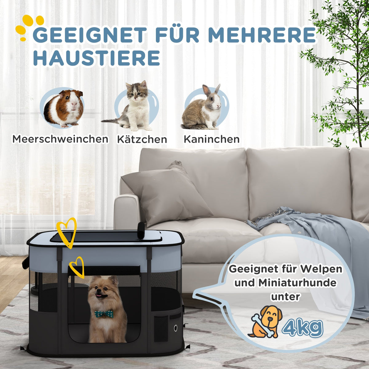Puppy Playpen Foldable with Doors, Windows, Breathable Mesh, 74x60x45cm Grey