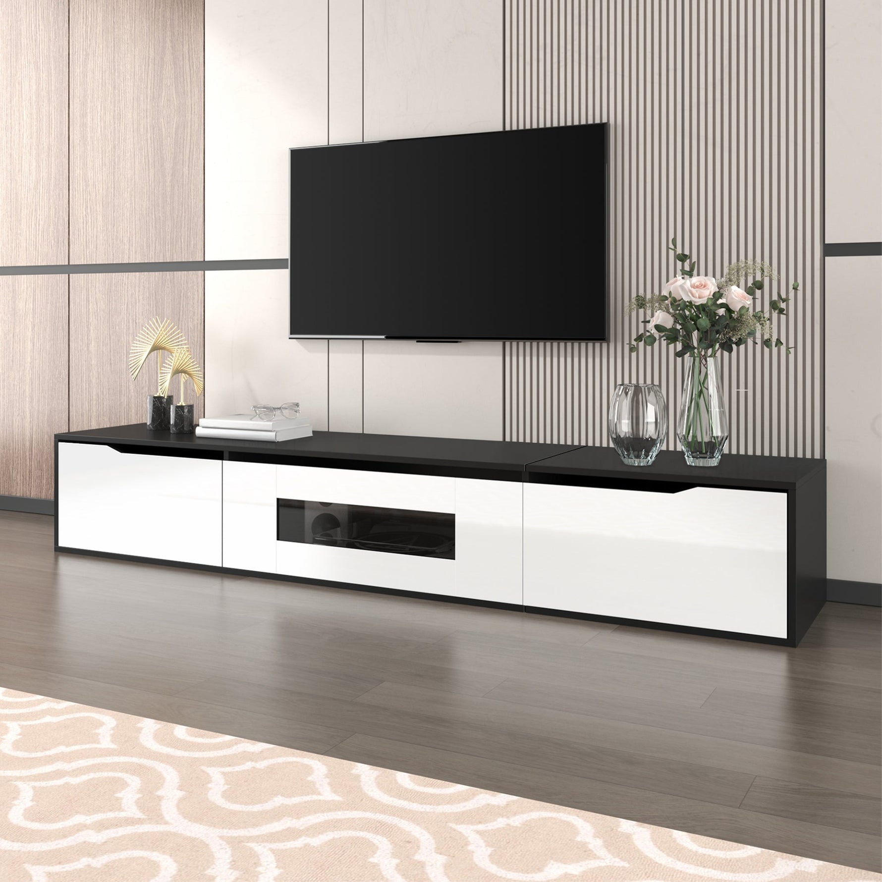 TV Cabinet High-Gloss 180cm Wall-Mounted LED USB - Black/White