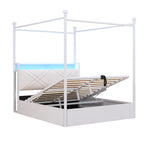 Multifunctional Double Bed with Hydraulic Storage, Canopy, LED and USB, 140x190cm, White Wrought Iron