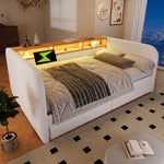 Upholstered Daybed with LED, USB-C, 2 Drawers and Storage Headboard, 140x190cm, Light Beige Linen