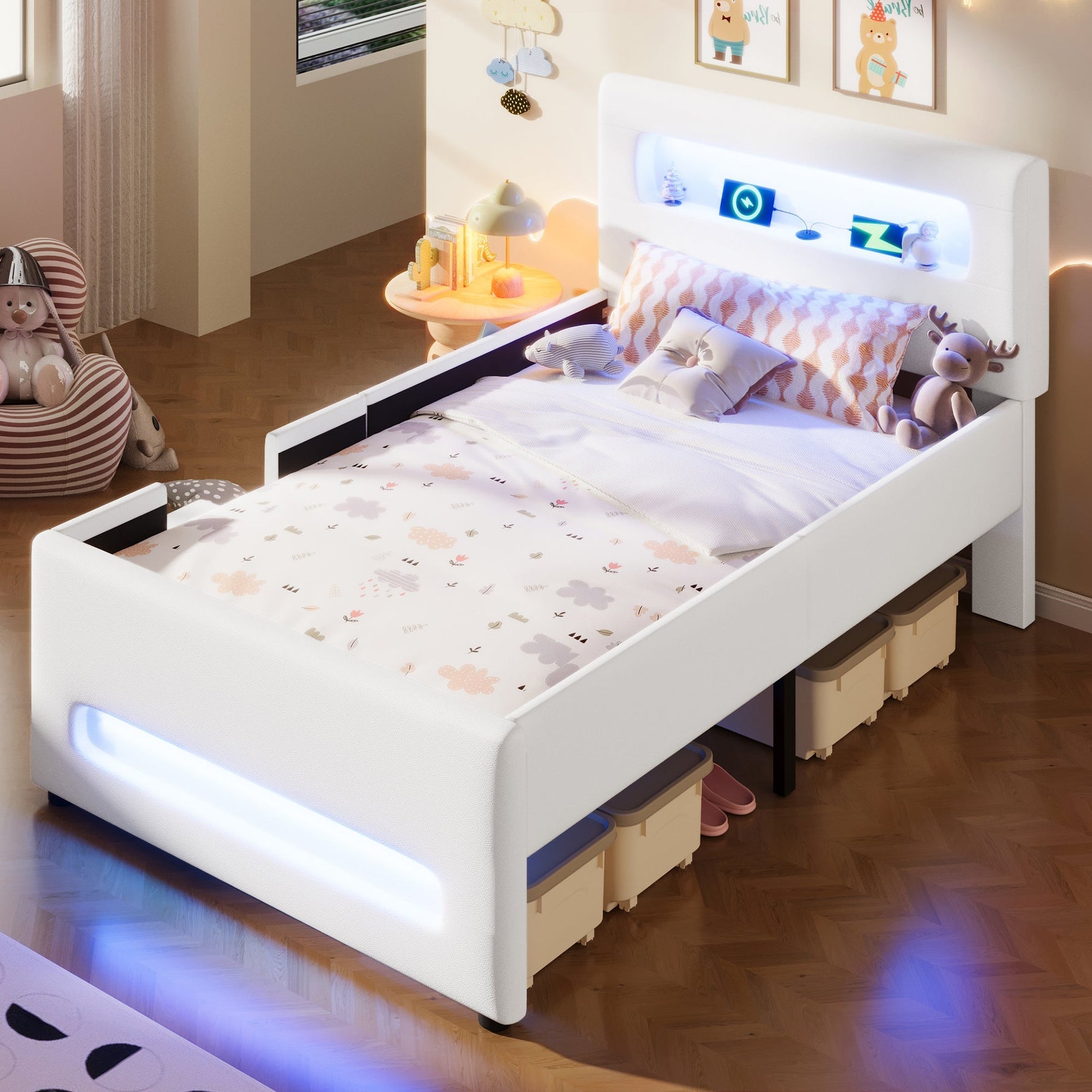 Upholstered Platform Bed 90x200cm Stairs Drawers LED USB Storage Pockets - White