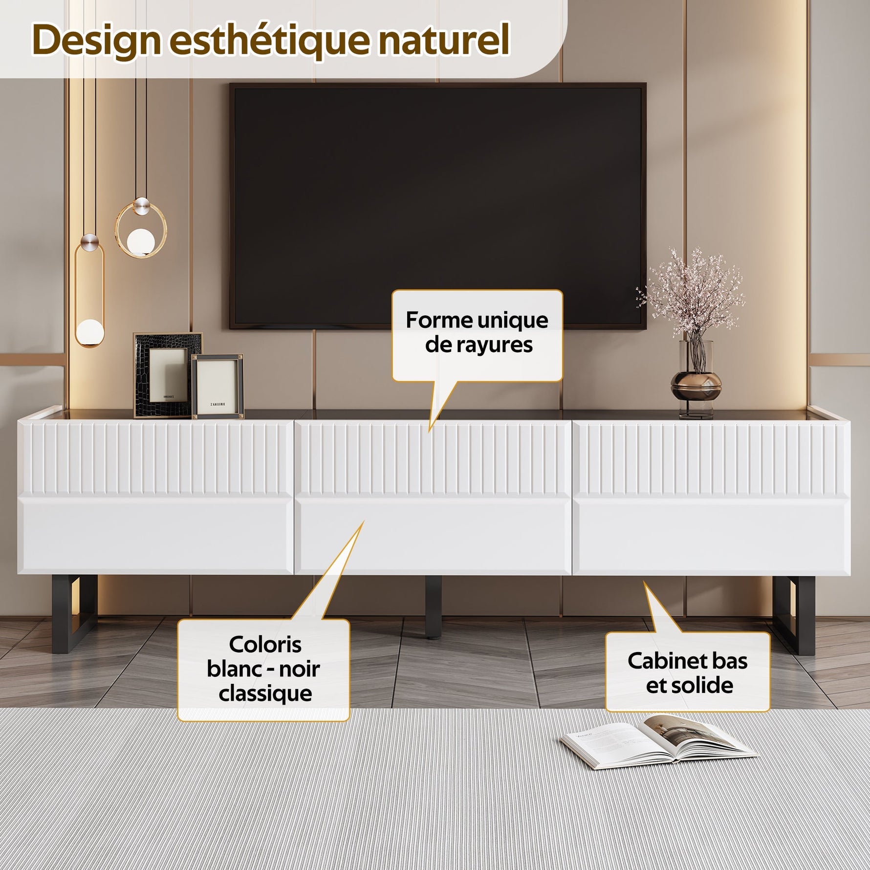 TV Stand Low Unit with Three Drawers 170cm Black and White