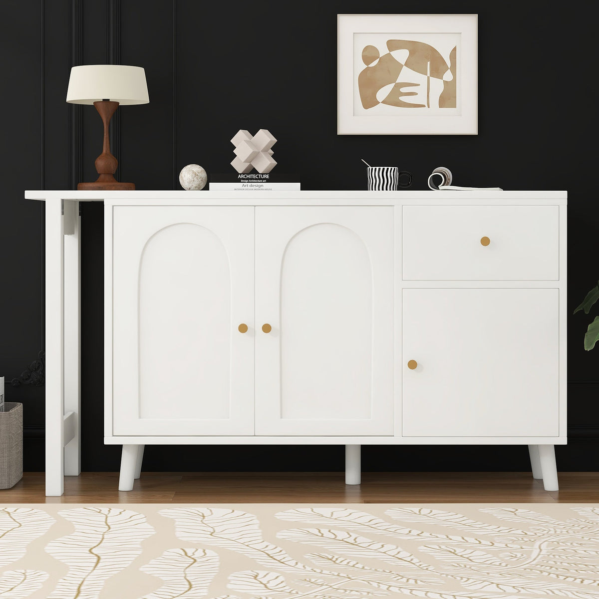Desk & Sideboard, 2-in-1 360° Rotatable with 3 Doors & 1 Drawer
