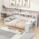 Daybed with Desk and USB Charging Port, 90 x 200 cm with 2 Drawers and Storage Shelves, White Chipboard