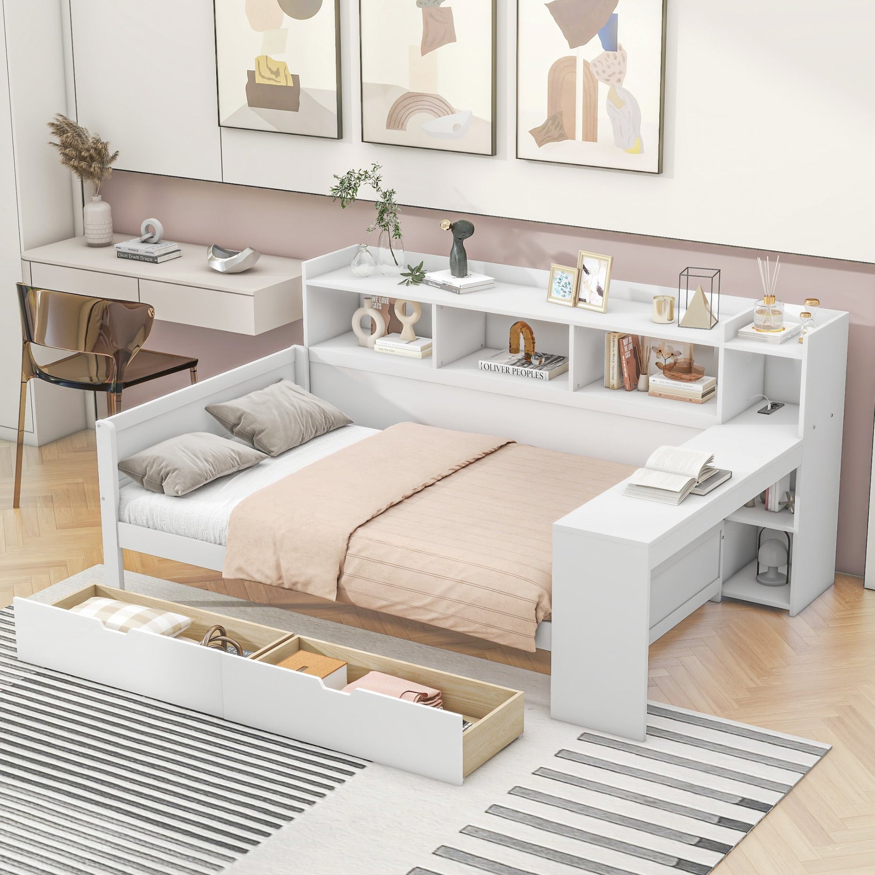 Daybed with Desk and USB Charging Port, 90 x 200 cm with 2 Drawers and Storage Shelves, White Chipboard