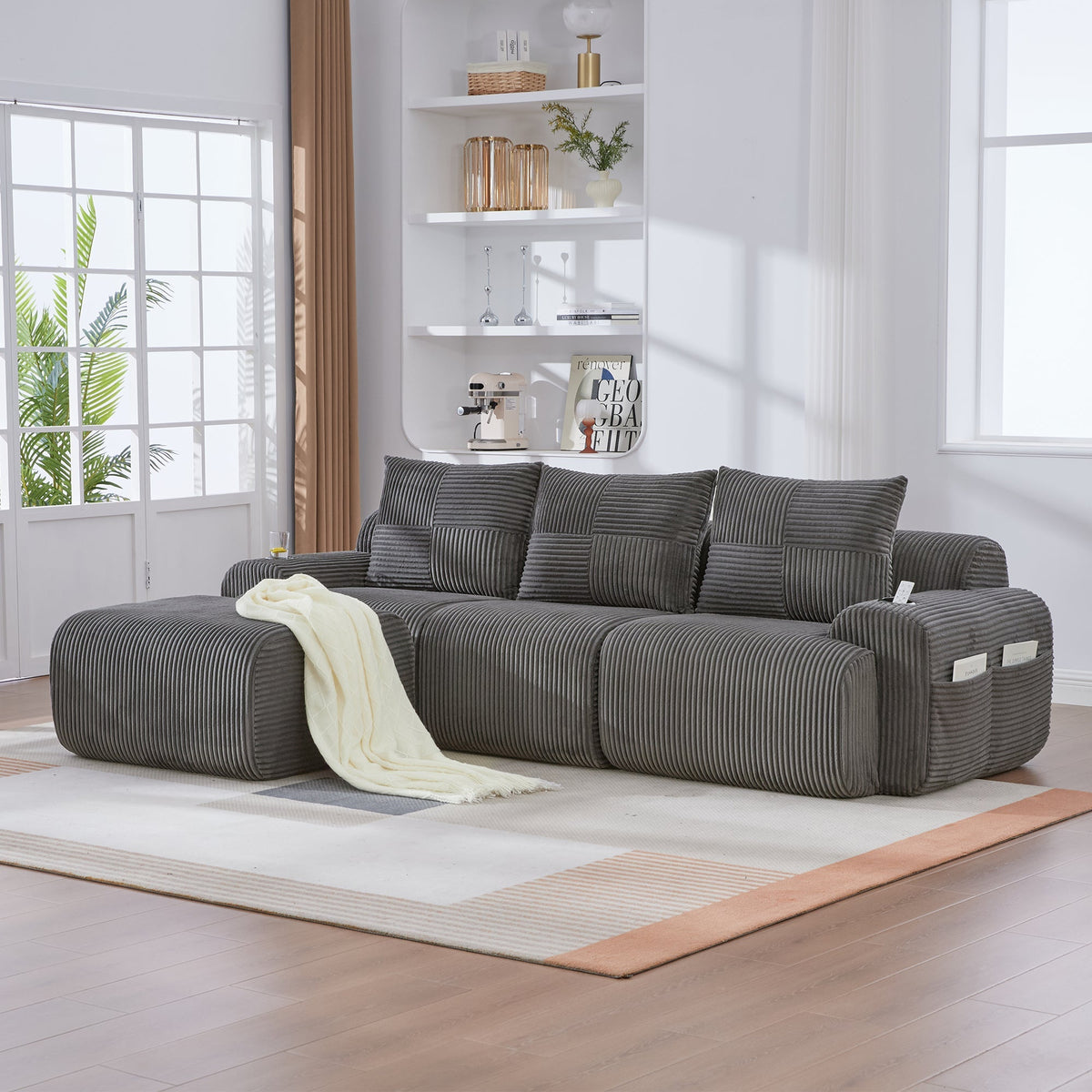 3-Seater Modular Corduroy Sofa with Ottomans, Cup Holders and Storage, Dark Grey