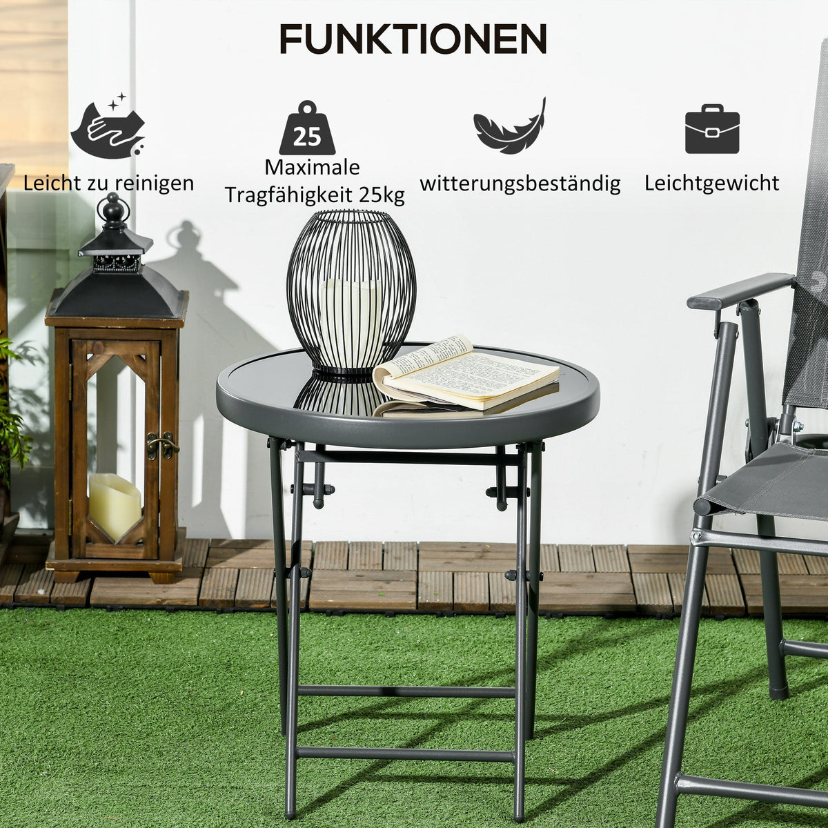 Outsnuuy Folding Table, Glass Top, 45x50cm, Black