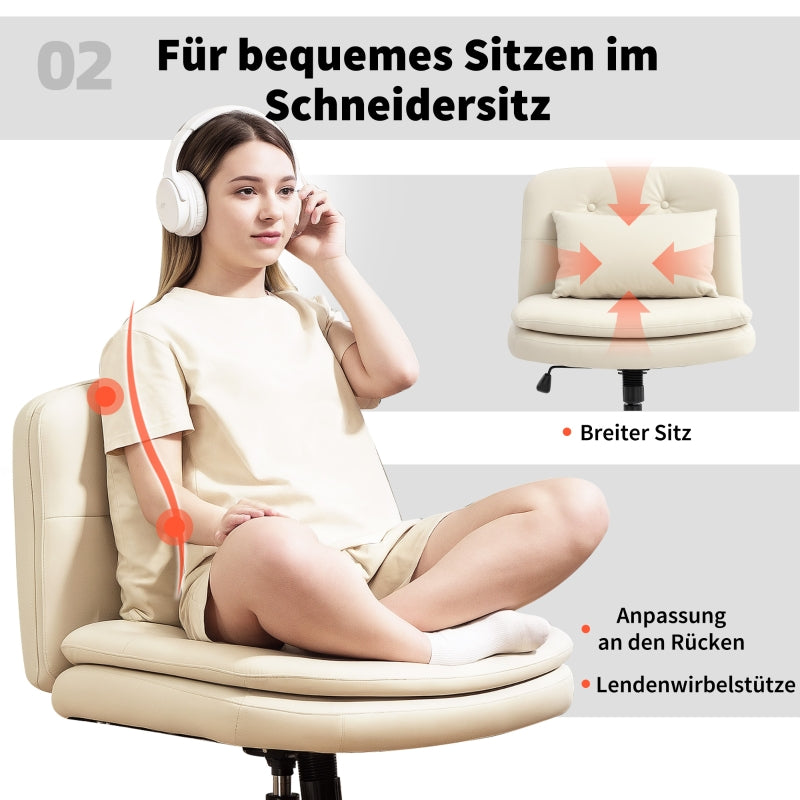 Armless Office Chair, Extra Cushion, Height Adjustable, Rollable, Faux Leather, Beige