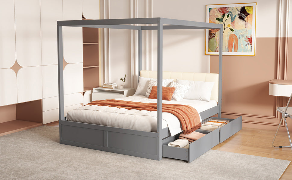 Canopy Bed 140x200 cm with Large Drawers & Soft Headboard, Wooden Grey