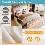 Upholstered Bed 160x200, 4 Drawers, LED, USB-C, Velvet Beige