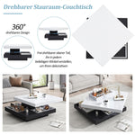 High-gloss tabletop coffee table, 360° rotatable, 2-tier with storage, white and black