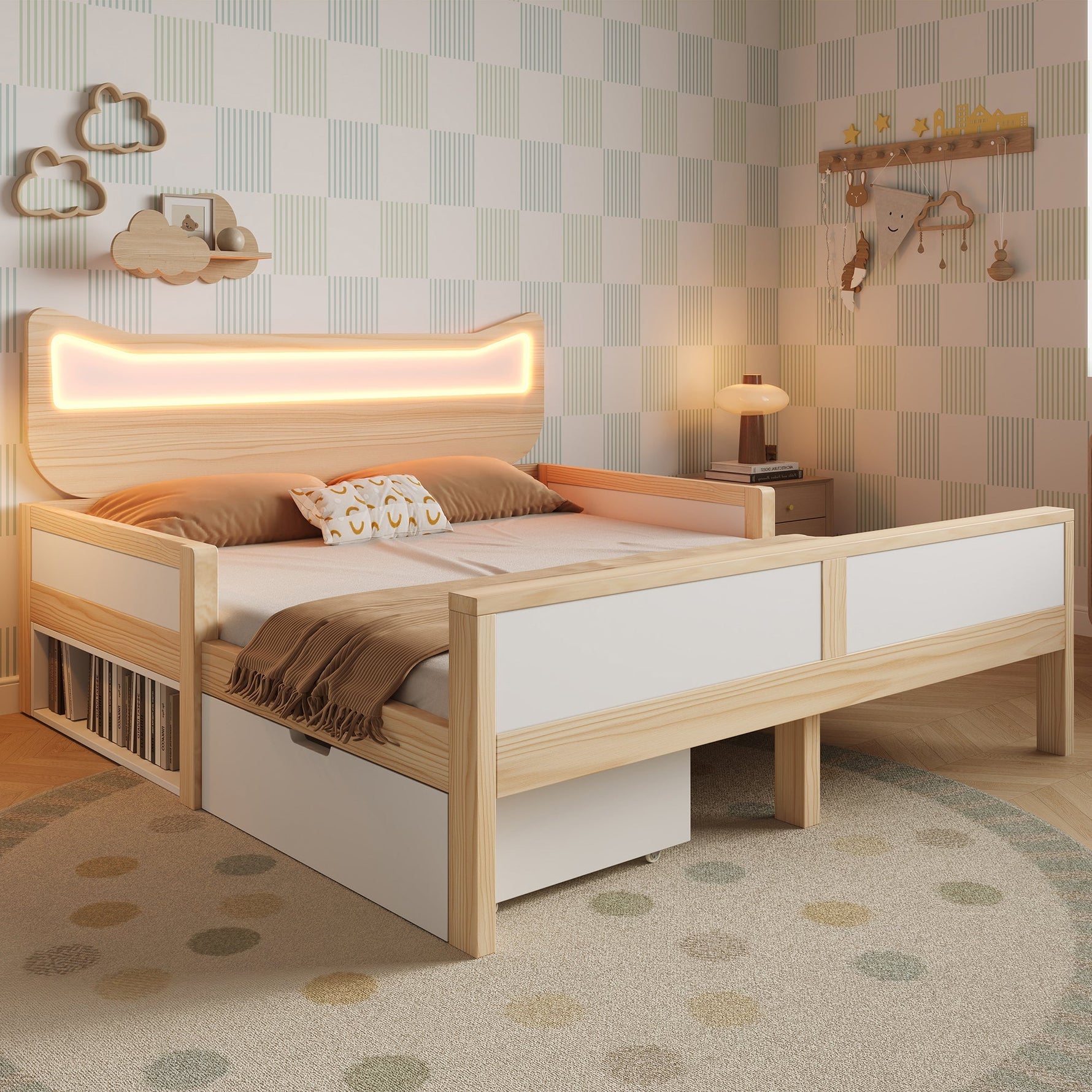 Children's Bed with Cat Ear Headboard, RGB LED Lighting, Storage Drawer and Safety Rails, 140x200cm, White and Oak