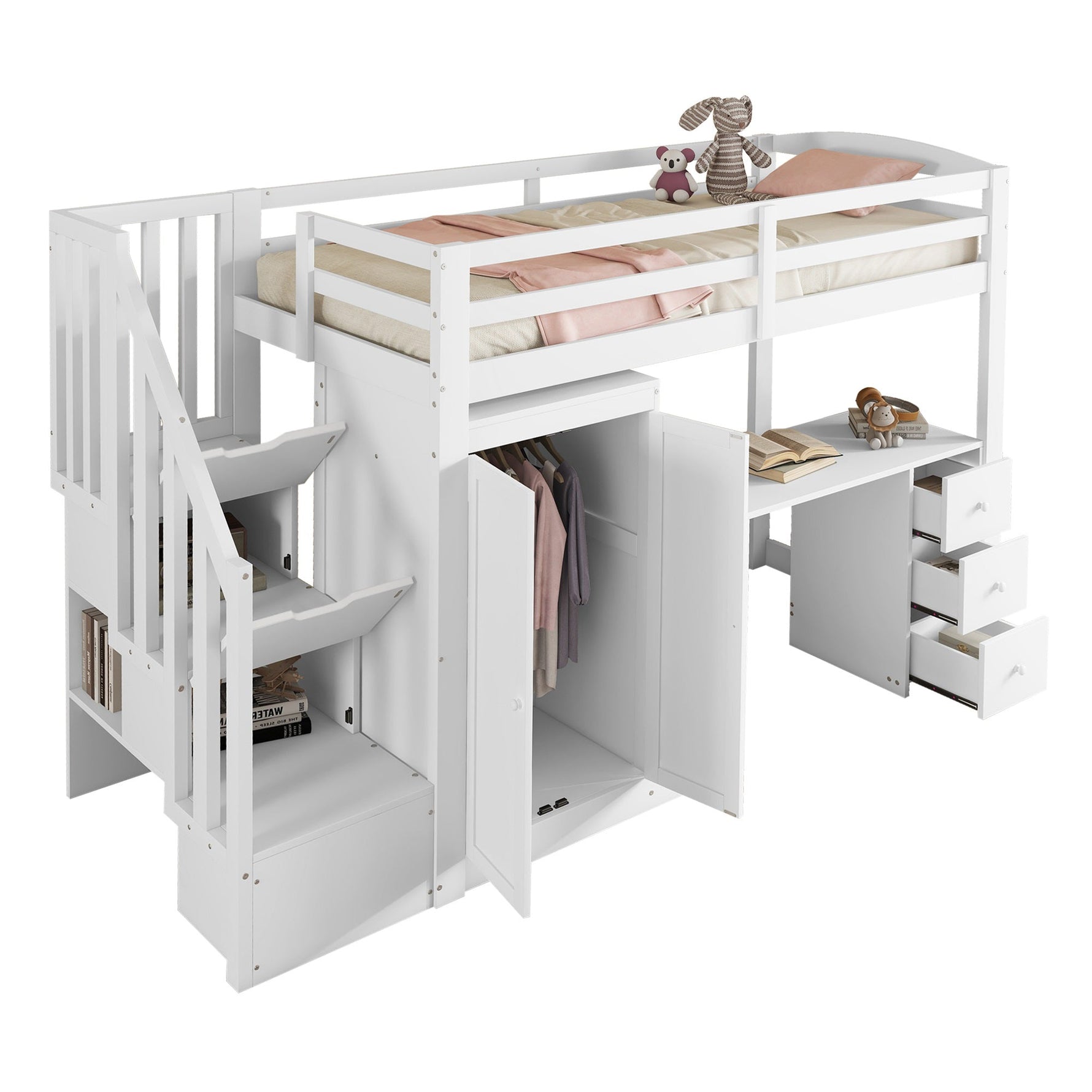 Loft Bed with Wardrobe, Desk, Stairs and Drawers, 90 x 200cm, White