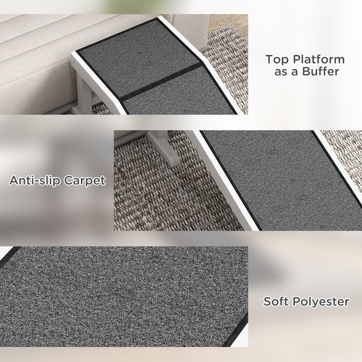 Pet Ramp, Non-Slip Carpet, for Dogs up to 30 kg, Pinewood Polyester White+Gray
