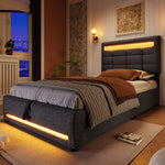 Upholstered Bed with LED Lights, APP Control, Hydraulic Storage and USB Port, Grey Linen