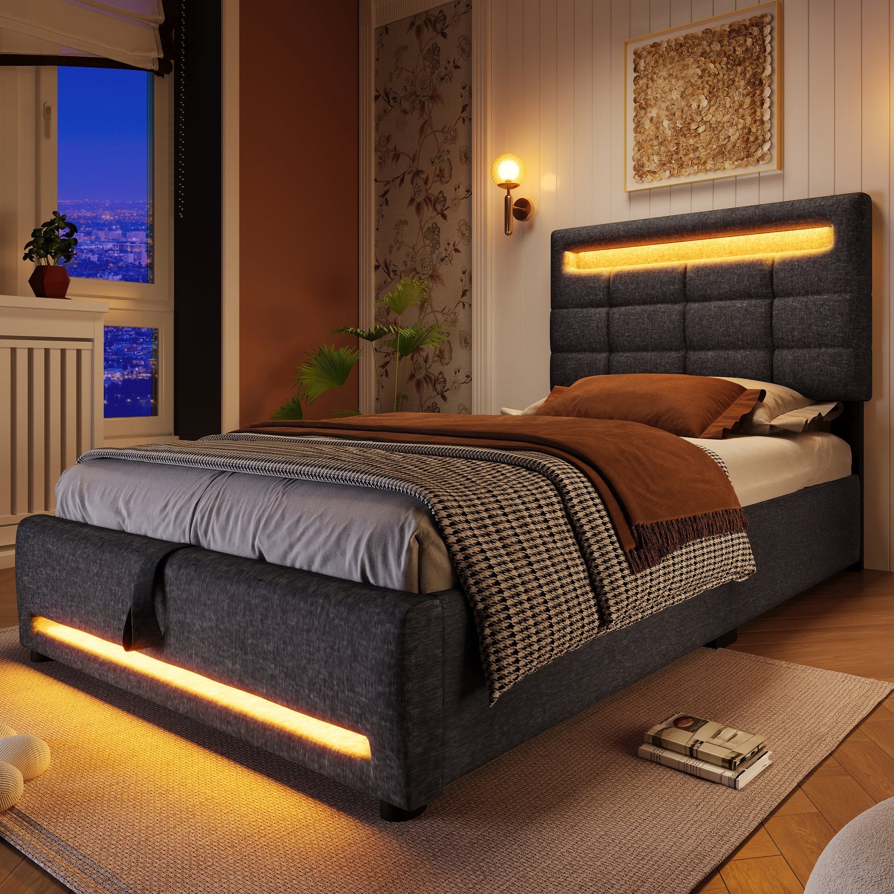 Upholstered Bed with LED Lights, APP Control, Hydraulic Storage and USB Port, Grey Linen