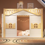 House Bunk Bed 90x200cm Loft Bed with Window, White & Natural Wood