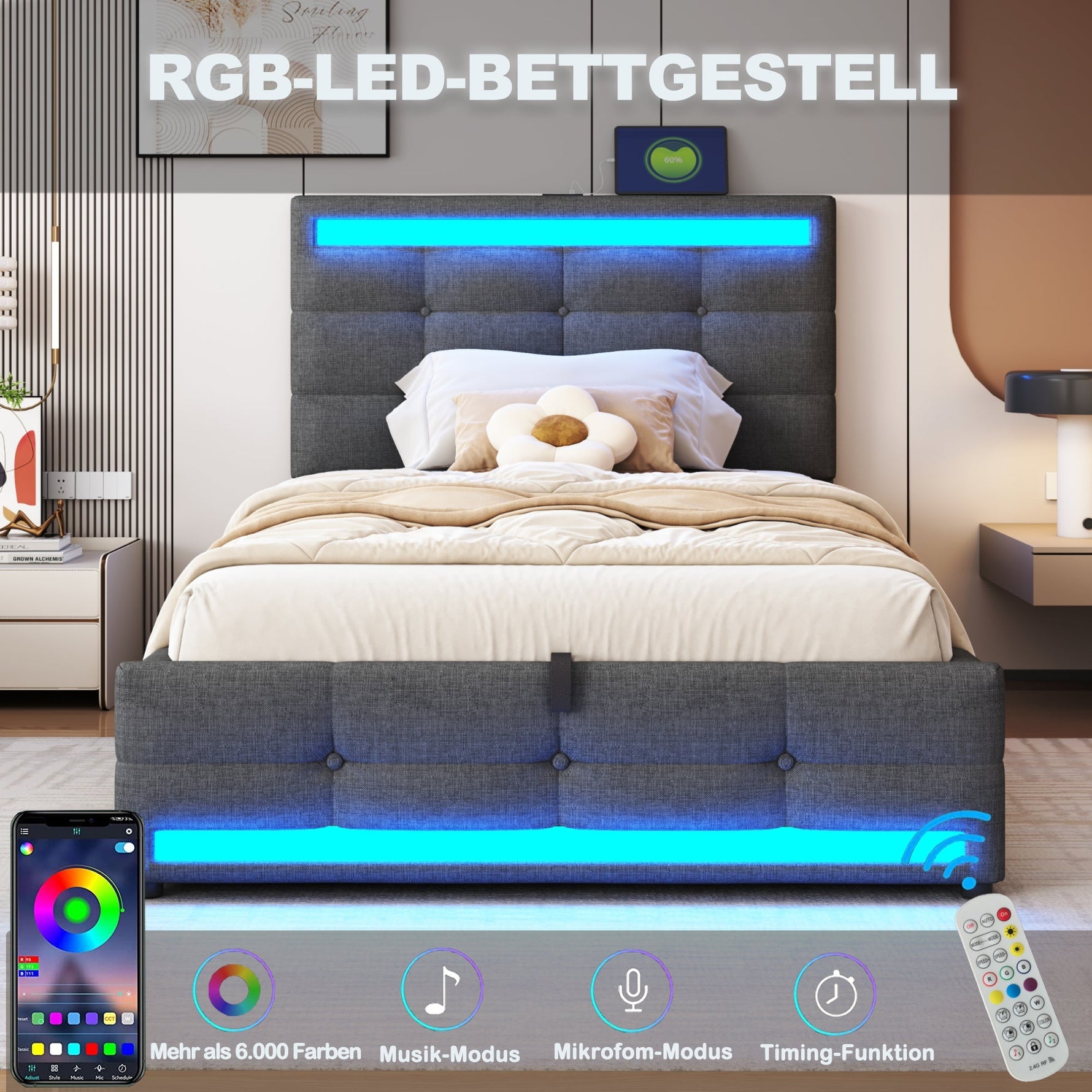 Upholstered Bed 90x200 Hydraulic Storage USB LED Light Strip, Grey Linen Single Bed