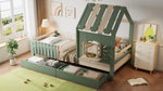 Children's House Bed with Roof, Window, Fence, 2 Drawers, 90x200cm - Pine/MDF Green/Natural