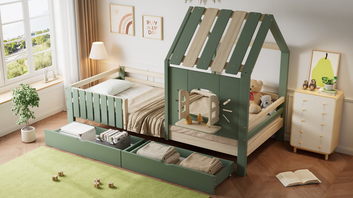 Children's House Bed with Roof, Window, Fence, 2 Drawers, 90x200cm - Pine/MDF Green/Natural