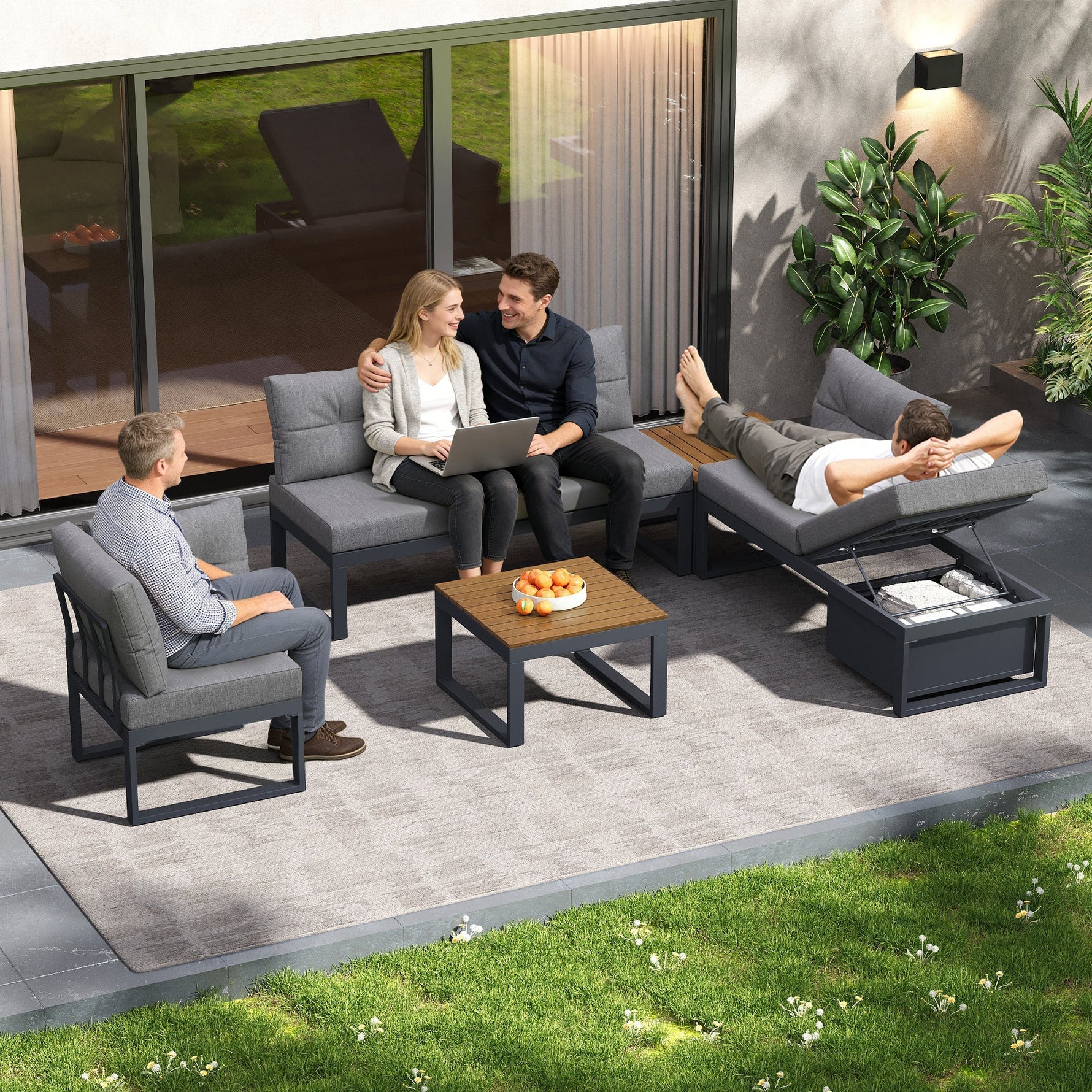 Multi-purpose Garden Furniture Set with Adjustable Backrest, Reclining Function and Storage, Dark Grey
