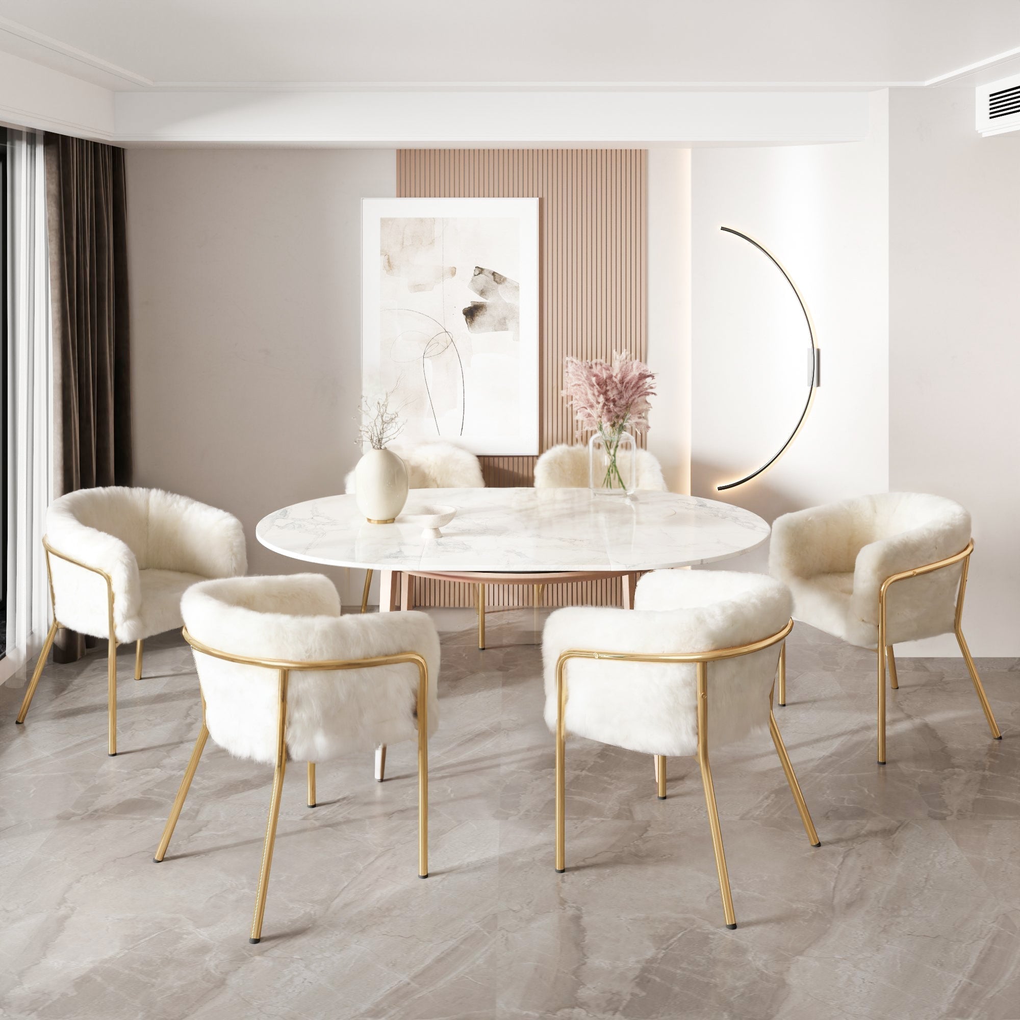 Dining Chair, Set of 6, Leisure and Dressing Chair for Living Room and Bedroom, Metal Legs, Imitation Rabbit Down Beige