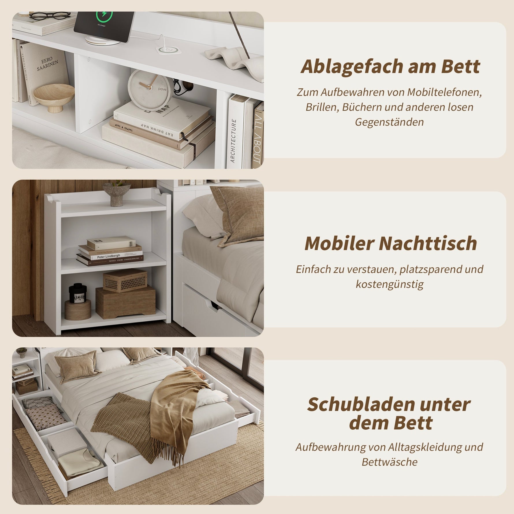Wooden Double Bed 140x200cm with Integrated Charging, Storage Drawers and Pull-out Bedside Tables, White Wood