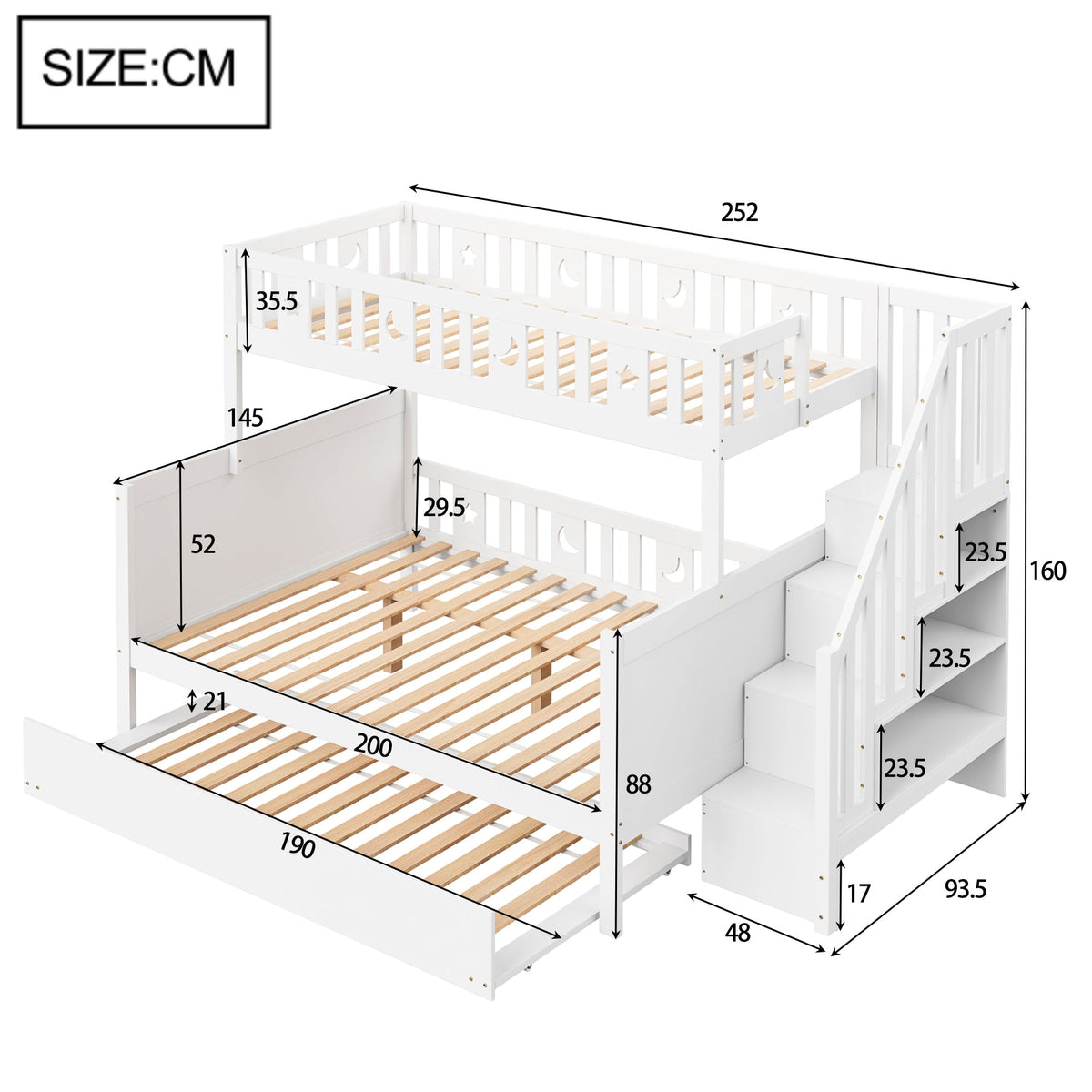 Children's Bunk Bed 90x200/140x200cm Safety Stairs Rollaway Bed Slatted Base, Solid Wood White