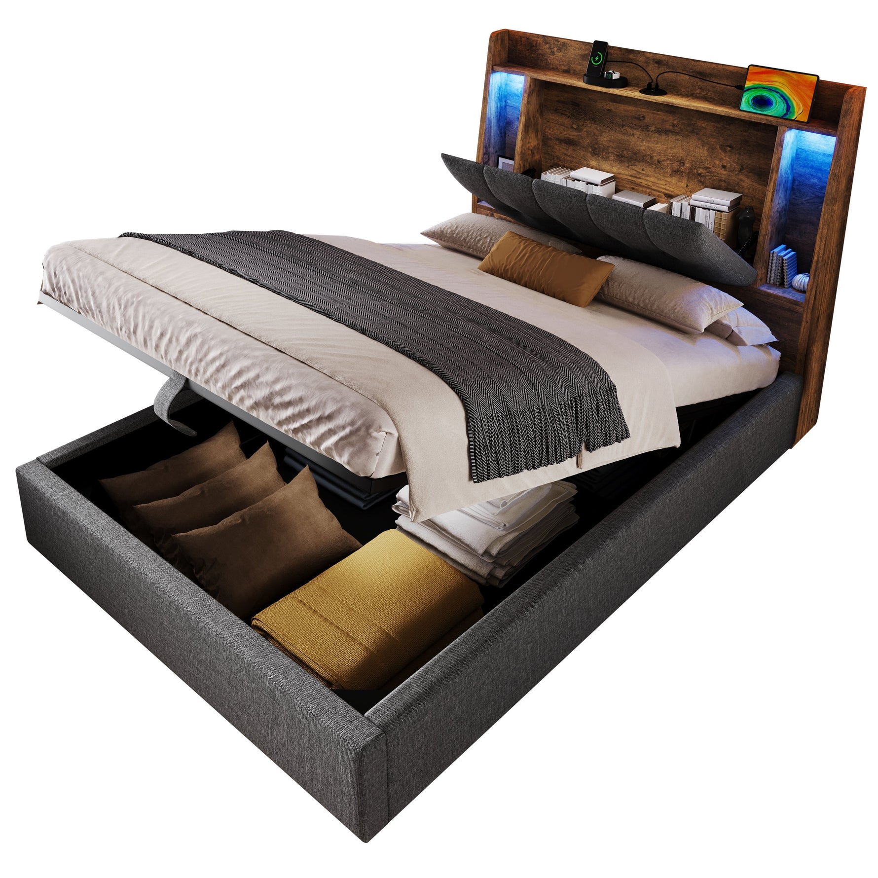 Upholstered Bed 90x200cm Flip-Top Storage LED USB/Type-C App Control - Linen Grey