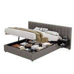 Upholstered Bed 160 x 200 cm with Hydraulic Storage and 2 Bedside Tables, Grey and Black Linen