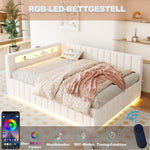 Upholstered Sofa Bed 140x200 Hydraulic Storage LED USB Port, Beige Velvet