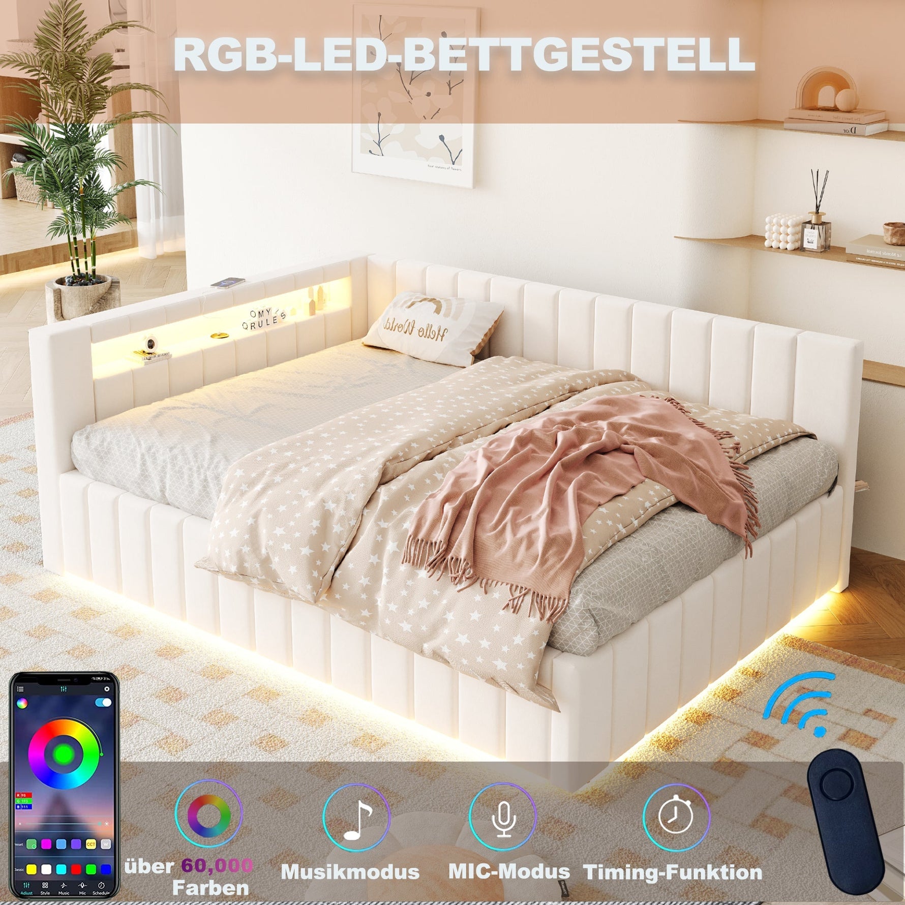 Upholstered Sofa Bed 140x200 Hydraulic Storage LED USB Port, Beige Velvet