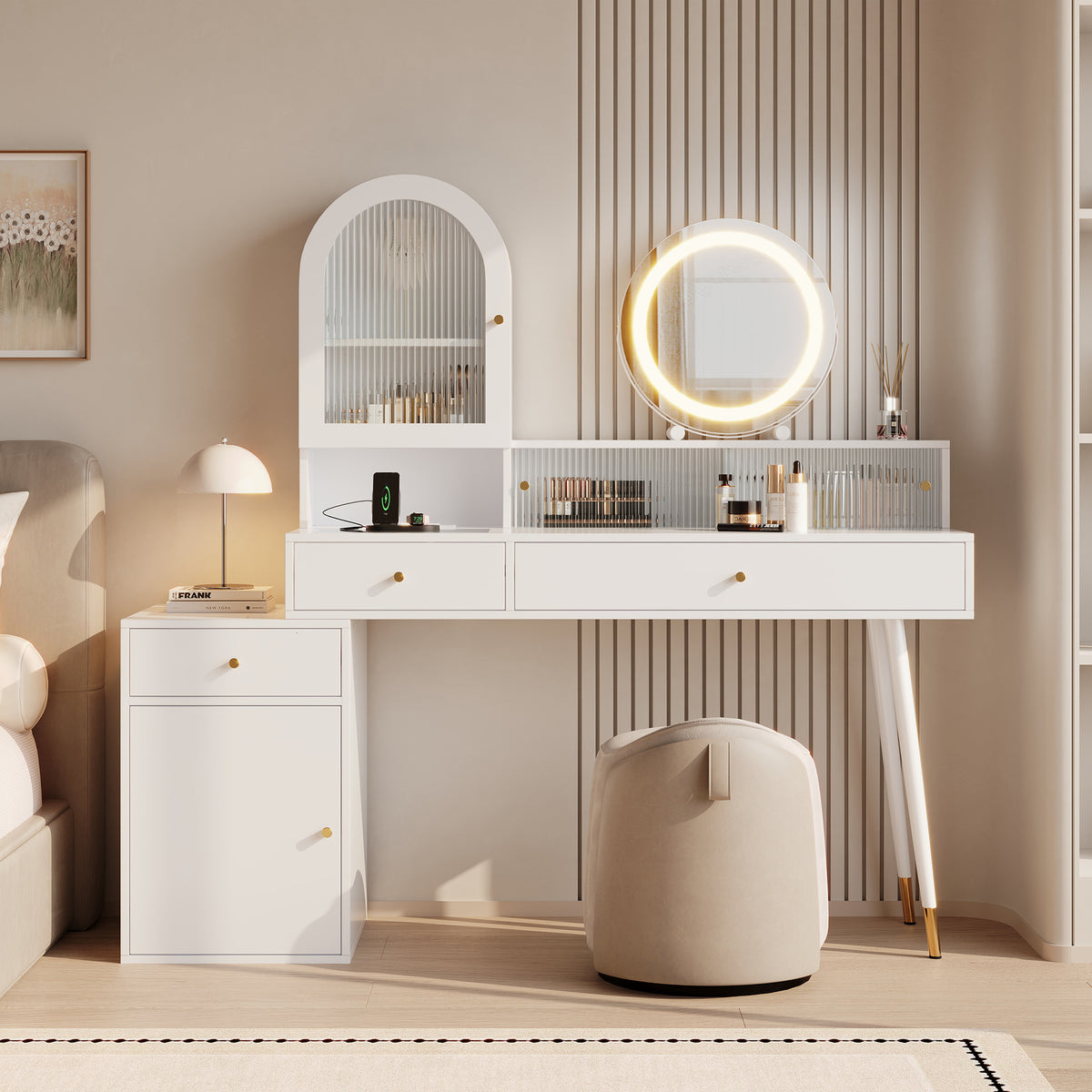 Vanity Table with LED Mirror & USB Ports, L-Shape Design, White