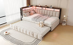 Upholstered Sofa Bed 90x200cm Pull-Out LED Storage USB/Type-C Beige Velvet