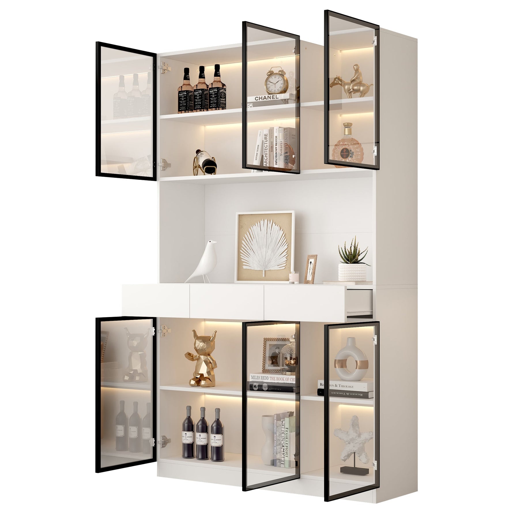 White Display Cabinet with LED Lights and 6 Glass Doors, 200cm High, White and Black Aluminium Frame
