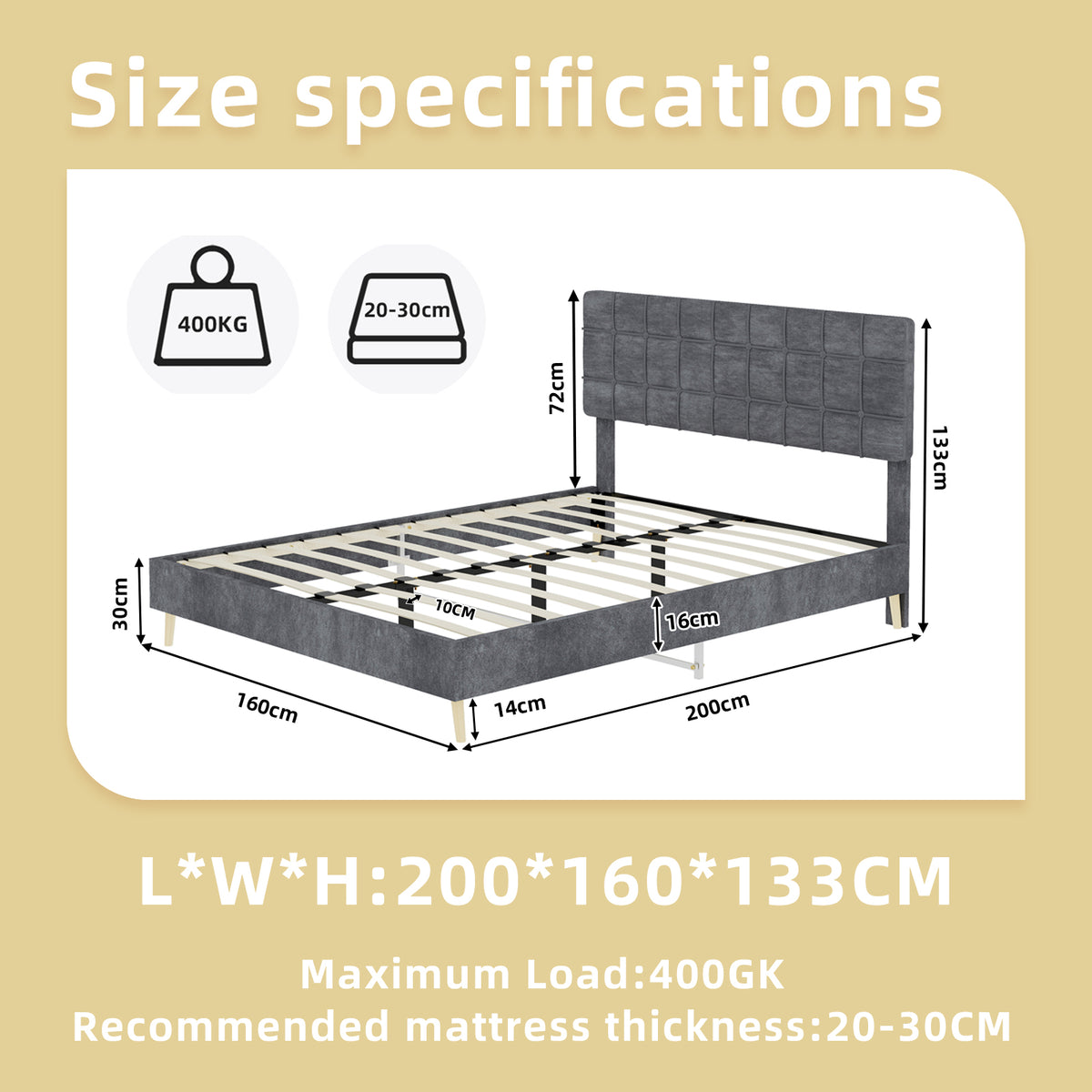 Modern Double Bed with Plaid Headboard 160x200cm, Dark Gray Fabric