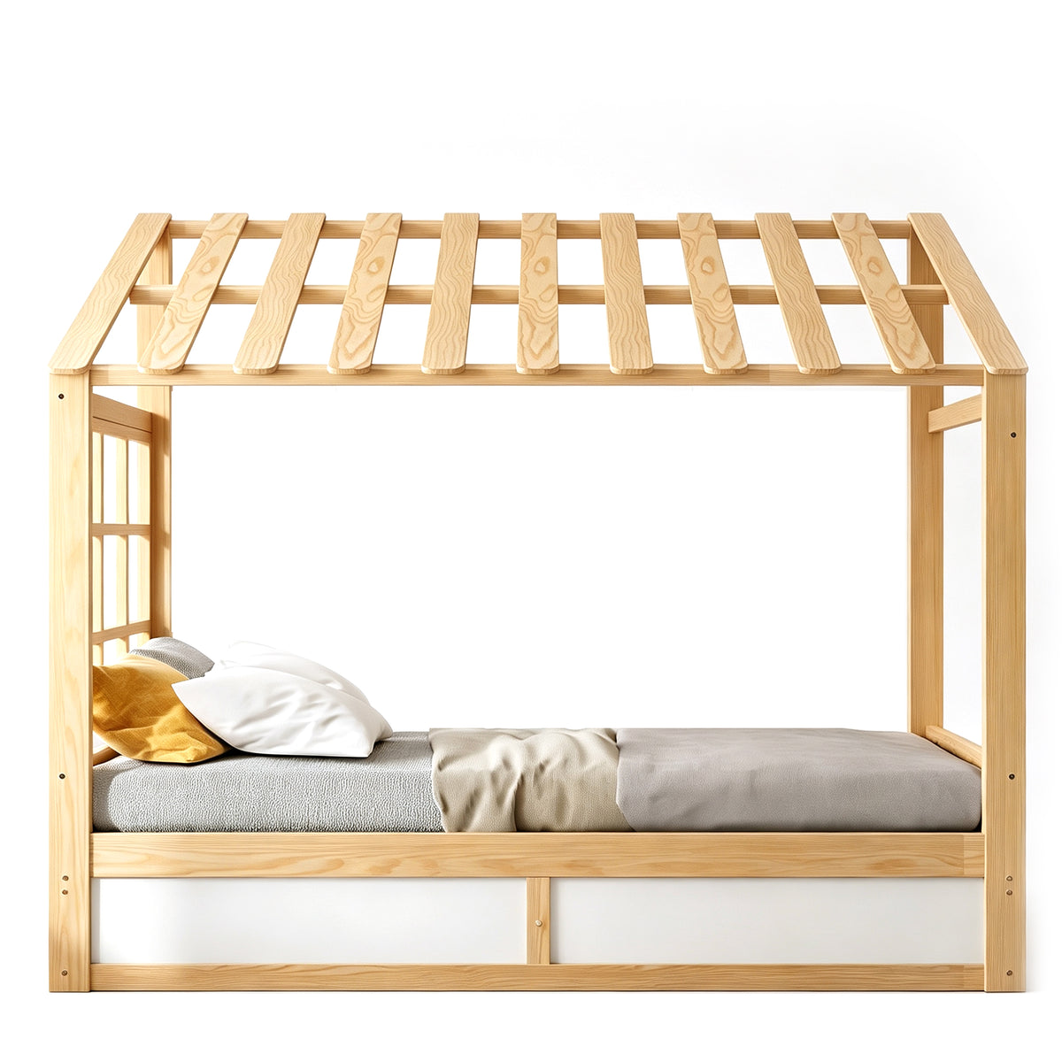 Kids Country Bed 90x200cm with Storage & Roof, Wood & White