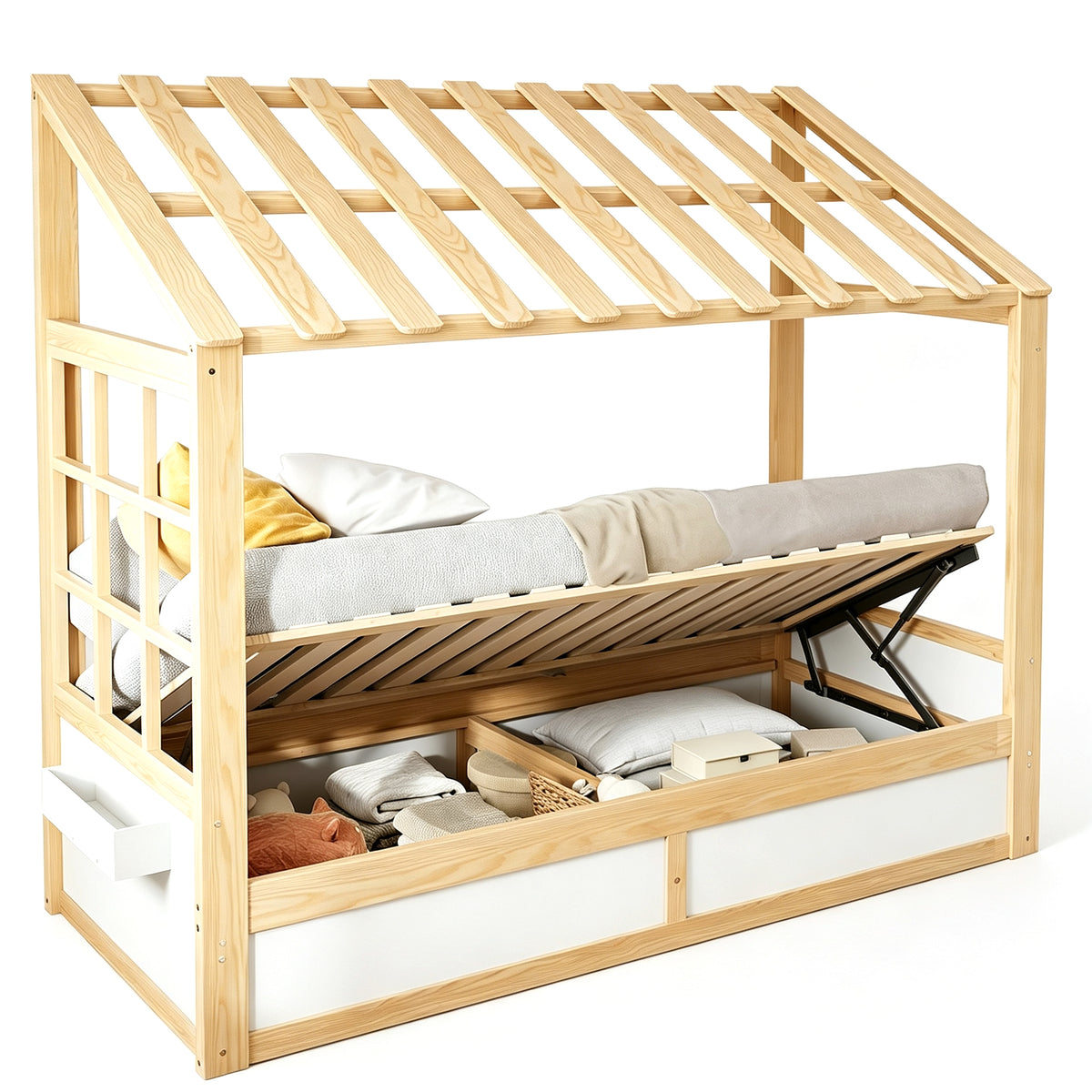 Kids Country Bed 90x200cm with Storage & Roof, Wood & White
