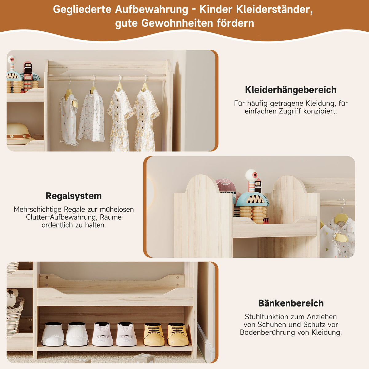 Children's Wardrobe Freestanding with Clothes Rail & 4 Shelves, Natural Wood