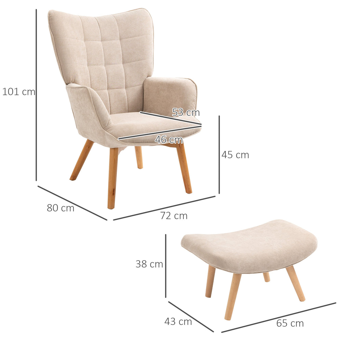 Wingback Chair with Footstool, Upholstered Corduroy, Beige