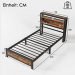 Metal Bed Single 90 x 200 cm with Storage Headboard, Black Steel