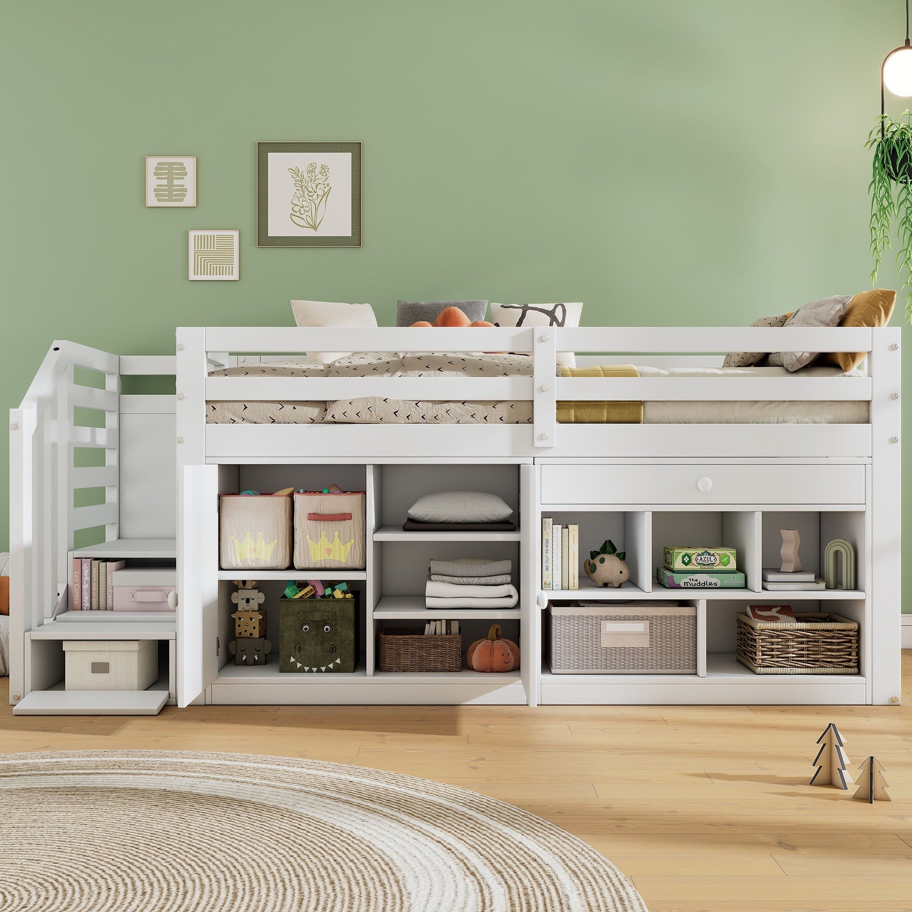 Multifunctional Children's Bed with Stairs, Storage and Convertible Desk, 90x200cm, White Wood
