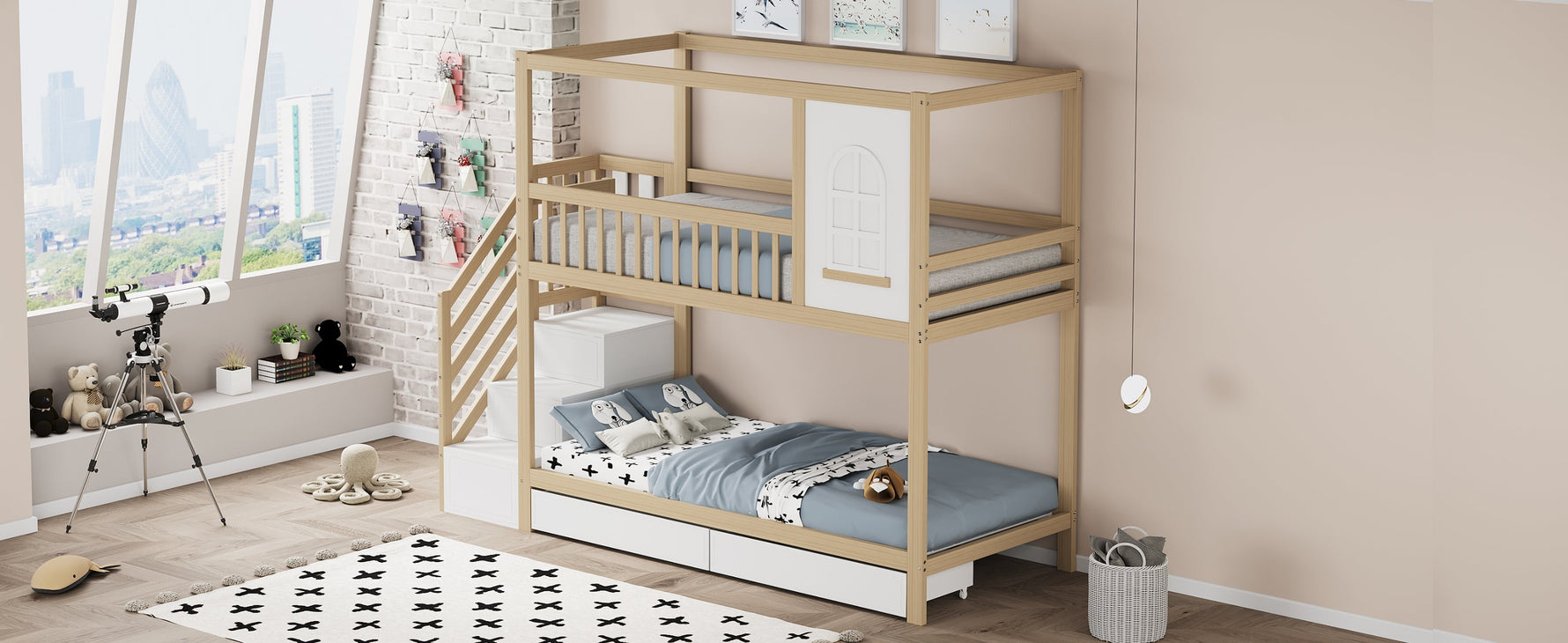 Bunk Bed, 90x200cm House Shape with Drawers & Ladder, Solid Wood, Wood Color